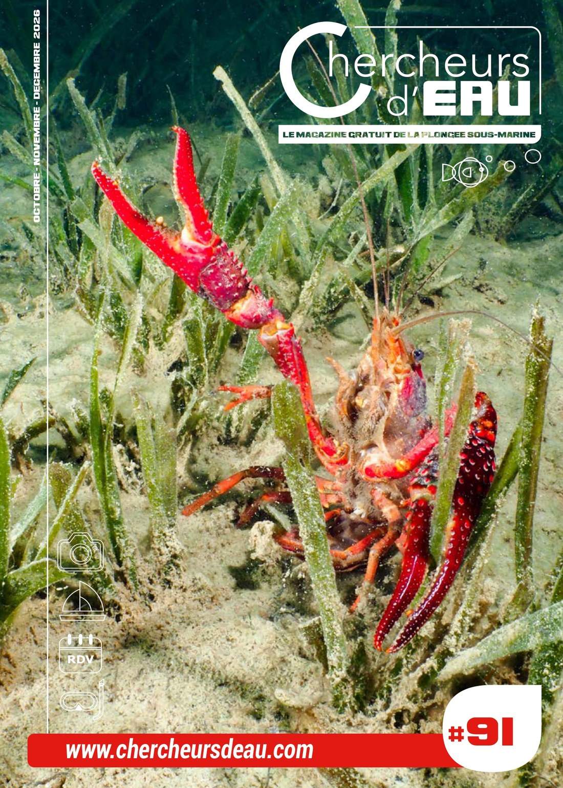 Couverture du numéro 91 de Chercheurs d’Eau, le magazine gratuit de la plongée sous-marine, octobre à décembre 2026