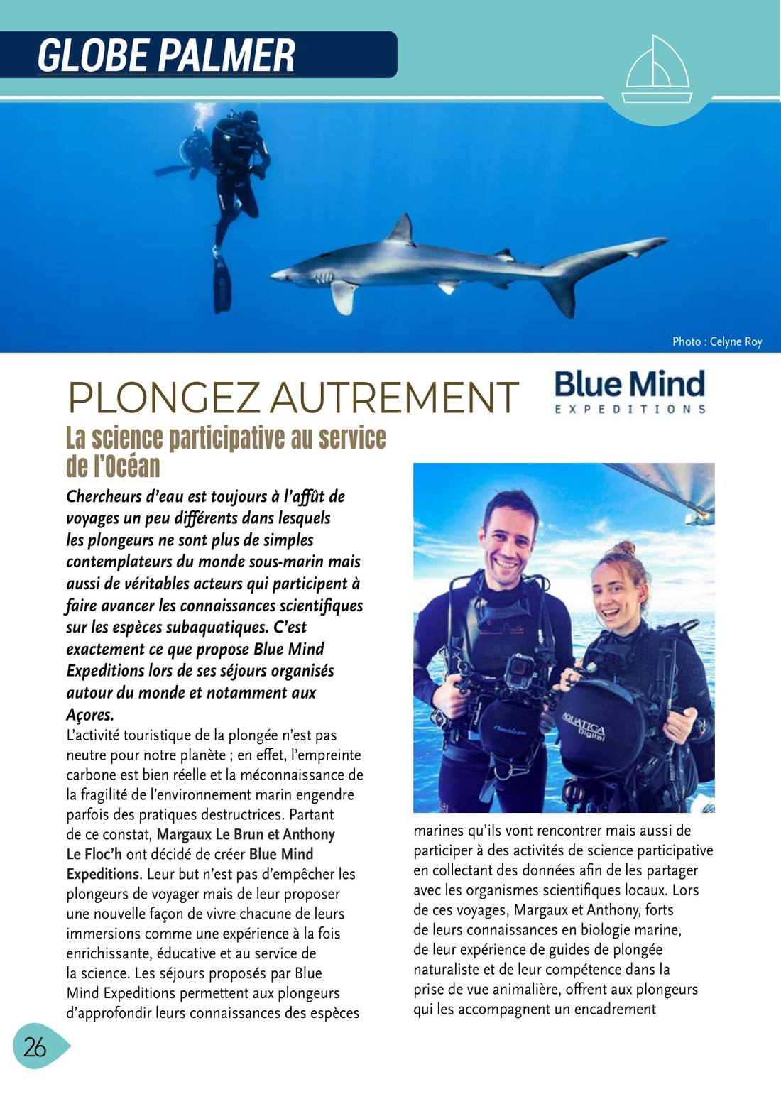 Page 26 de l’article : un requin bleu et un plongeur, le titre « Plongez autrement », Anthony et Margaux en combinaison avec leurs caissons photo