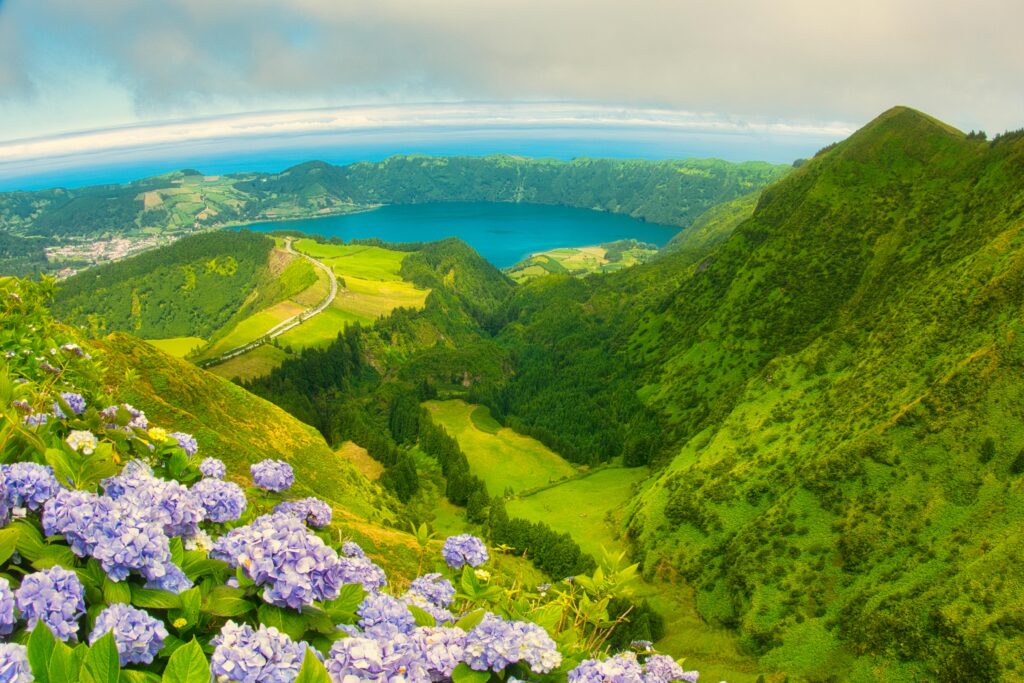Breathtaking panoramic view of Sete Cidades in Azores with vibrant hydrangeas and lush green landscape.